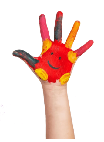 Child’s hand painted red with a smiley face